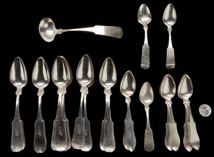 24 pcs R.E. Smith KY Coin Silver Flatware inc. Ladle: Twenty-four (24) pieces coin silver flatware stamped R.E. SMITH in rectangle for Richard Ewing Smith, working Louisville, Kentucky 1821-1848 and Paducah, 1849. Includes 1 gravy ladle with additional