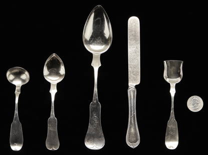 5 pcs W.C. Smith KY Coin Silver, incl. Bowling Green ladle: Five (5) pieces of coin silver flatware, including 1 cream ladle, marked for Walter C. Smith, working Bowling Green, Kentucky, c. 1846-? and Louisville, pre-1858-1863. 1st - 2nd items: Two (2) pieces