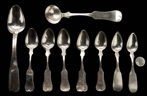 19 pcs. Poindexter KY Coin Silver Flatware, incl. Ladle: Nineteen (19) pieces coin silver flatware marked POINDEXTER in rectangles for William P. Poindexter, active Lexington, 1818-1859, including 1 gravy ladle, 12 teaspoons with fiddle swell handles; 4