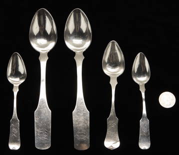 5 Glasgow, KY Coin Silver Spoons, J. Eubank: 2 Coin silver tablespoons and 3 teaspoons, 5 items total, marked J. EUBANK in rectangle, attr. Joseph Eubank Sr. or Jr., working Glasgow, KY circa 1805-1850. Ranging in size from 5 1/2" to 8 1/8" L.