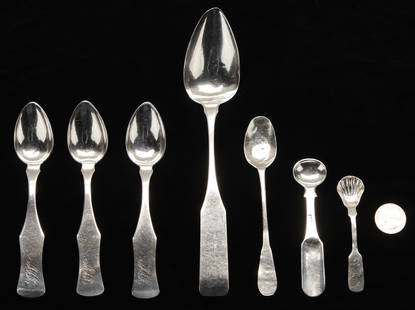 7 Coin Silver Spoons attr. KY inc. Medicine Spoon: 7 coin silver spoons, possibly by Kentucky silversmiths Thomas Phillips, Philip Bush Jr., James Purdy, S.B. Hall and D.L. Spears. 1st item: Teaspoon with oval handle marked TP in rectangle and