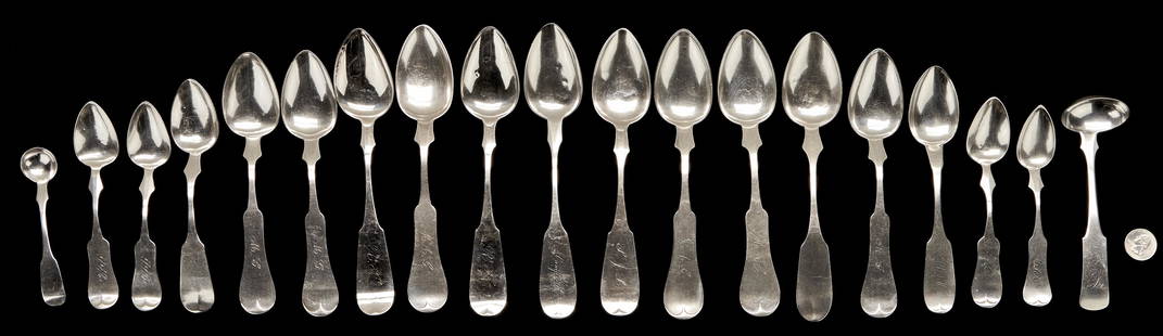 19 pcs Louisville KY Coin Silver inc. ladles: 17 coin silver spoons and 2 coin silver ladles with marks attributed to Louisville, Kentucky silversmiths Evans C. Beard (working prior to 1824-1831), Abner Reeves (working 1832-1828), Richard Ewing