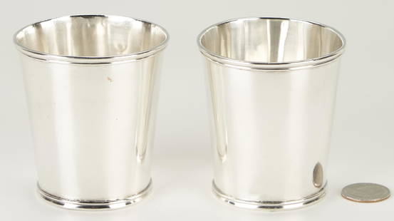 2 Frankfort KY Coin Silver Beakers, Harned: Two (2) coin silver beakers or julep cups with tapering sides and reeded rims, each marked H.H. HARNED in rectangles, attributed to Henry H. Harned, working Frankfort, KY, mid 20th century. Both