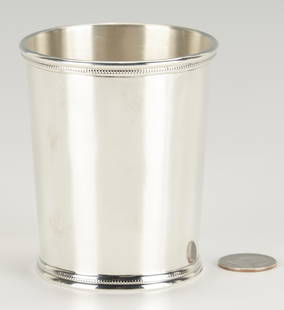 Scearce Sterling KY Julep Cup, Harry Truman Presidency: Mark Scearce sterling silver Kentucky mint julep cup or beaker with tapered body and beaded upper and lower rim. Marked on underside MARK J. SCEARCE SHELBYVILLE KENTUCKY / STERLING with eagle symbol