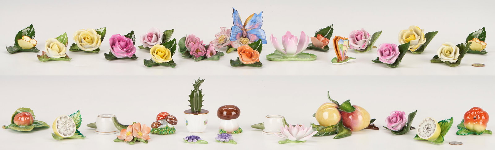 31 Herend Table Table Accessories, incl. Place Card Holders: Grouping of thirty-one (31) Herend hand-painted porcelain table accessories including: twenty-seven (27) place card holders, including five (5) yellow roses on leaves; four (4) pink roses on leaves; o