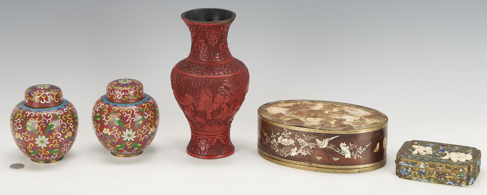 5 Chinese Items, incl. Gilt Enamel, Mother of Pearl, Cloisonne, Cinnabar: Five (5) Chinese decorative items. 1st item: Gilt bronze "Hundred Boys" rectangular form box with lobed corners having a hinged lid and body with bone and champleve enamel decorations of male children