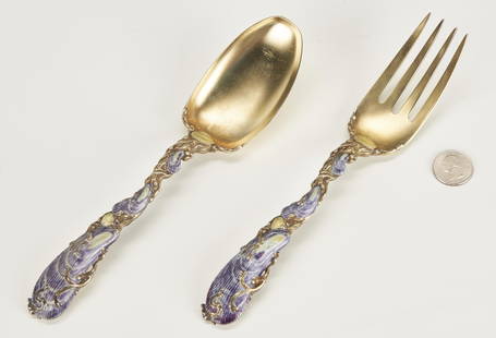 2 Whiting Shell Enameled Gilt Sterling Silver Servers: Rare Whiting Manufacturing Company gilt sterling silver marine theme serving fork and spoon, with purple and yellow enamel oyster shell decoration. Both approximately 9" L. Early 20th century. 9.065 t