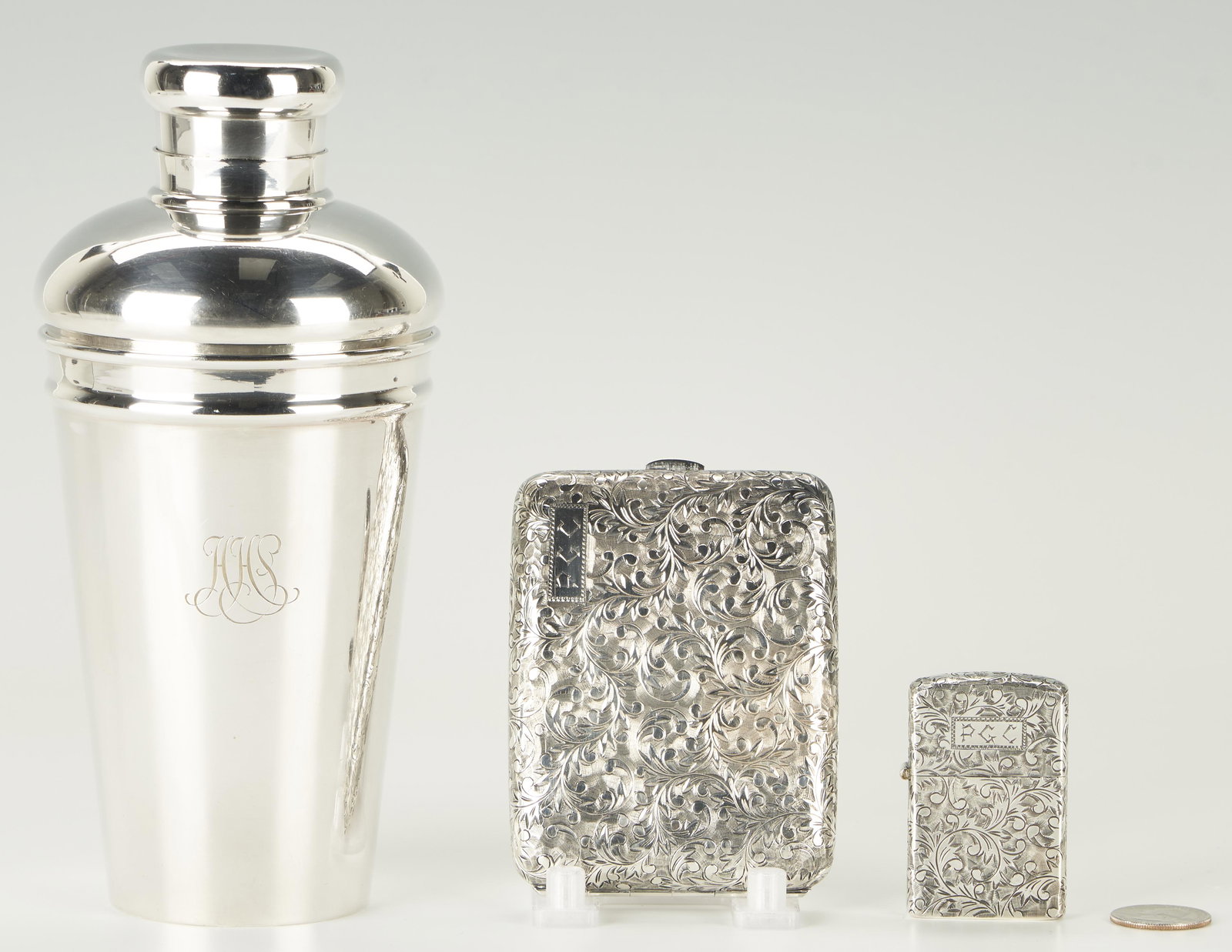 Tiffany & Co. Silver Cocktail Shaker + Sterling Cigarette Case & Lighter, 3 items (1 of 9)