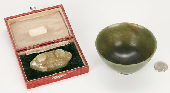 Jade Inkwell & Spinach Jade Tea Bowl: Two (2) Asian jade items, including one (1) double inkpot with etched foliate designs throughout and two wells with circular stoppers, includes a fitted case with hasp latch; and one (1) Tibetan spina