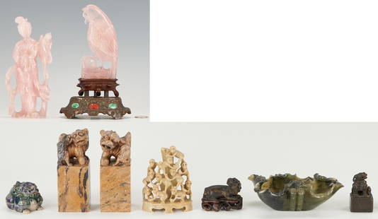 10 Small Asian Figural Items, incl. Bronze Seal & Carved Rose Quartz: Eight (8) assorted Asian carved figures, including: one (1) Chinese bronze figural foo dog with fitted hardwood stand; one (1) Chinese bronze seal with foo dog finial; two (2) Chinese hardstone seals