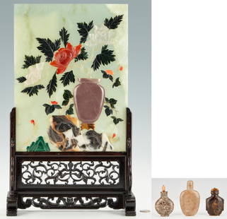 4 Chinese Items Incl. Floral Hardstone Table Screen & Snuff Bottles: 1st item: Chinese table screen comprised of a rectangular hardstone plaque with applied flowering urn decoration. Decoration comprised of various hardstones including malachite, agate, tiger's eye,