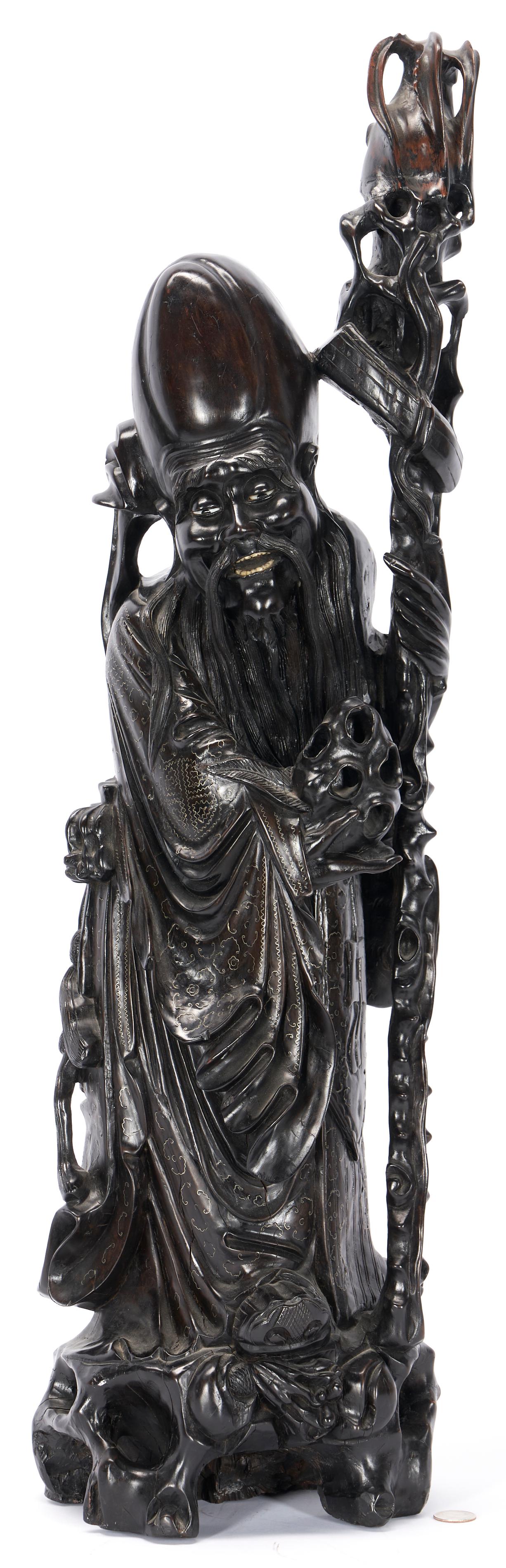 Large Chinese Carved Longevity Figure, Silver Inlay (1 of 11)