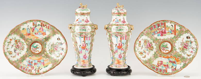 Chinese Rose Medallion Urns and Dishes, 4 items: Grouping of four (4) Chinese Rose medallion porcelain items. 1st-2nd items: Pair (2) of tall covered urns, each with polychrome enamel vignettes of court and landscape scenes, with birds, butterflies,