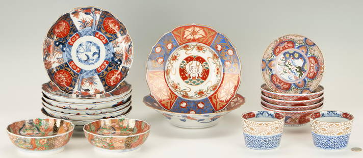 17 Assorted Imari Porcelain Dinnerware Items: An assembled grouping of seventeen (17) Japanese Imari porcelain dinnerware items including: six (6) small plates with shaped gilt rims all with alternating foliate vignette decoration to the rims,