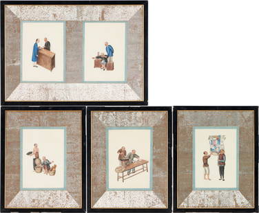 5 Chinese Paintings of Tradesmen on Silk: Five (5) Chinese, likely Canton watercolor and gouache on silk paintings in four frames depicting men with queue hairstyles engaged in various occupations. Includes one (1) depicting a man gesturing t