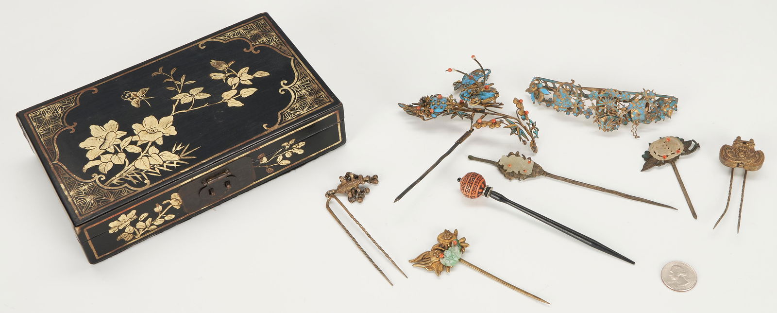 Chinese Hair Jewelry, incl. Kingfisher in Lacquer Box, 9 pcs. (1 of 18)
