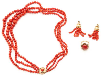 18K Red Coral Necklace, Ring, & 14K Earrings: 1st item: Three strand graduated red coral bead necklace with 18K yellow gold clasp. The clasp tests 18K and the necklace is 22" L. 2nd item: Ladies 18K yellow gold ring featuring a red coral