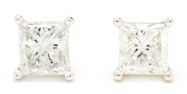 Pair 14K Princess Cut Square Diamond Earrings, 4 Carats: Pair of diamond earrings, consisting of two princess cut square diamonds, one approximately 2.05 carats measuring 6.94 x 6.51 mm, Clarity-I1, Color-H and the other approximately 2.01 carats measuring