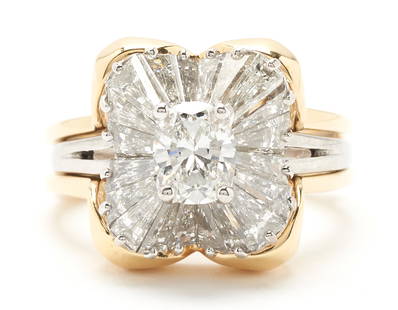 Platinum & Diamond Ballerina Ring w/ 18K Gold Ring Jacket: 1st item: Ladies platinum ballerina ring featuring an oval diamond approximately 0.87 carats, Clarity-VS2, Color-F, accented by 20 tapered baguette diamonds approximately 2.75 carats together,