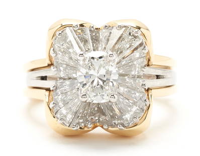 Platinum & Diamond Ballerina Ring w/ 18K Gold Ring Jacket: 1st item: Ladies platinum ballerina ring featuring an oval diamond approximately 0.87 carats, Clarity-VS2, Color-F, accented by 20 tapered baguette diamonds approximately 2.75 carats together,