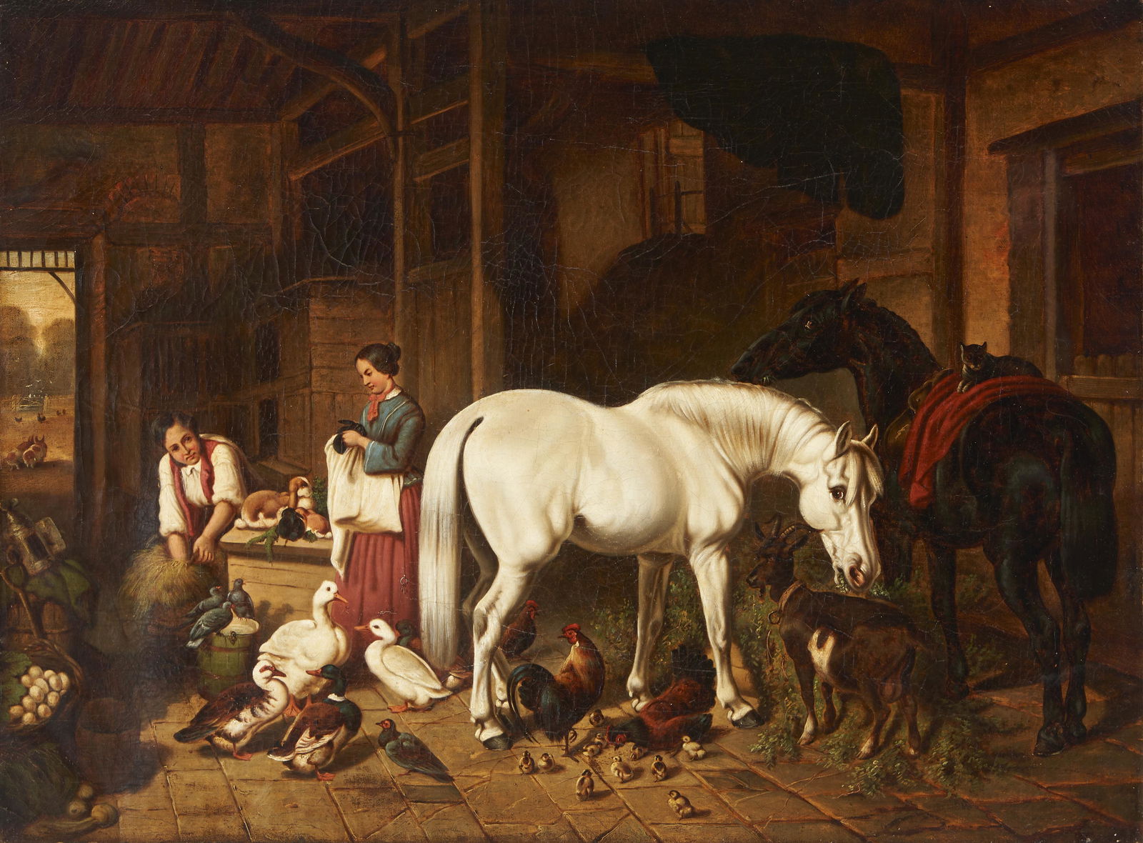 Attr. John F. Herring, Sr. O/C Genre Painting, Barnyard Interior (1 of 15)