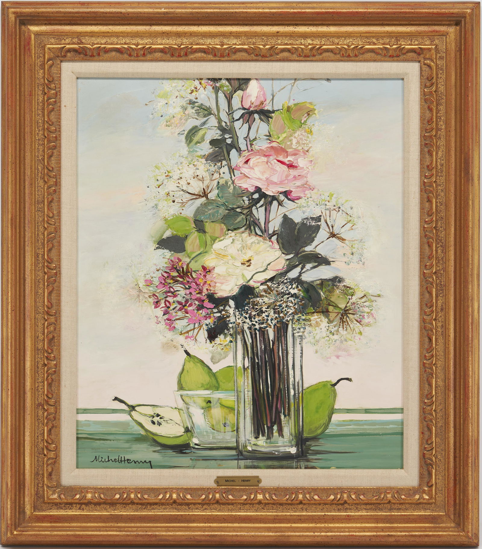 Michel Henry O/C Floral Still Life Painting w/ Pears (1 of 9)