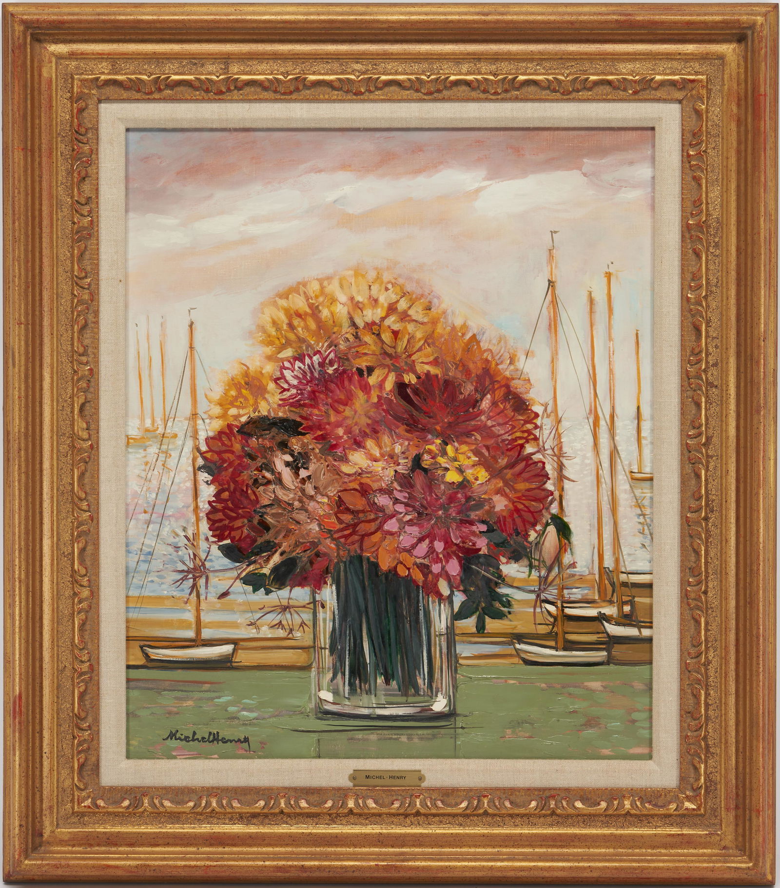 Michel Henry O/C Floral Still Life Painting w/ Sailboats (1 of 9)