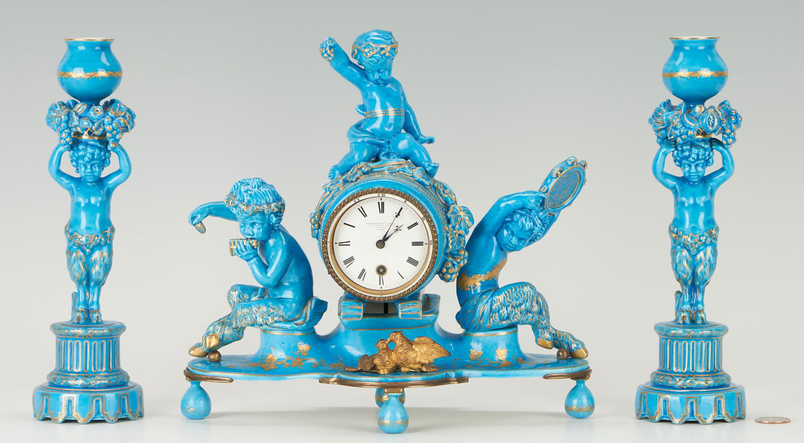 Sevres Style Figural Blue Porcelain Clock and Garniture (1 of 18)