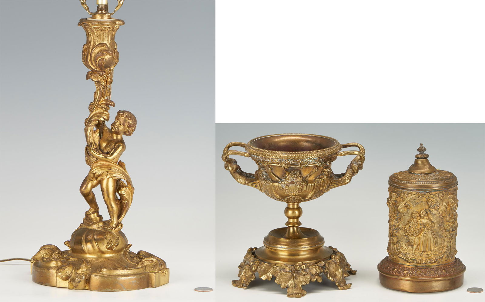 3 Gilt Decorative Items, incl. Grand Tour Warwick Style Vase, Tobacco Box, & Figural Lamp (1 of 20)