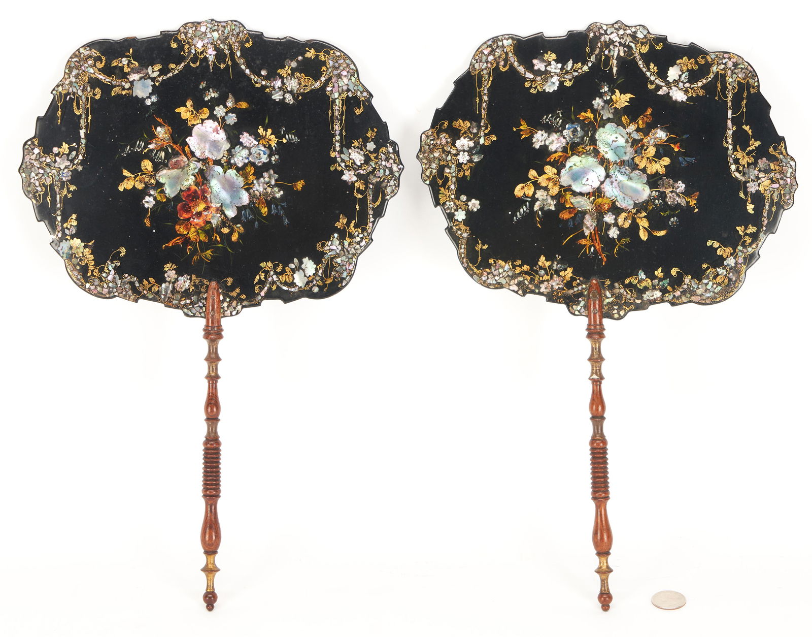 Pair of Chinese Black Lacquer Fans w/ Mother of Pearl Inlay (1 of 8)