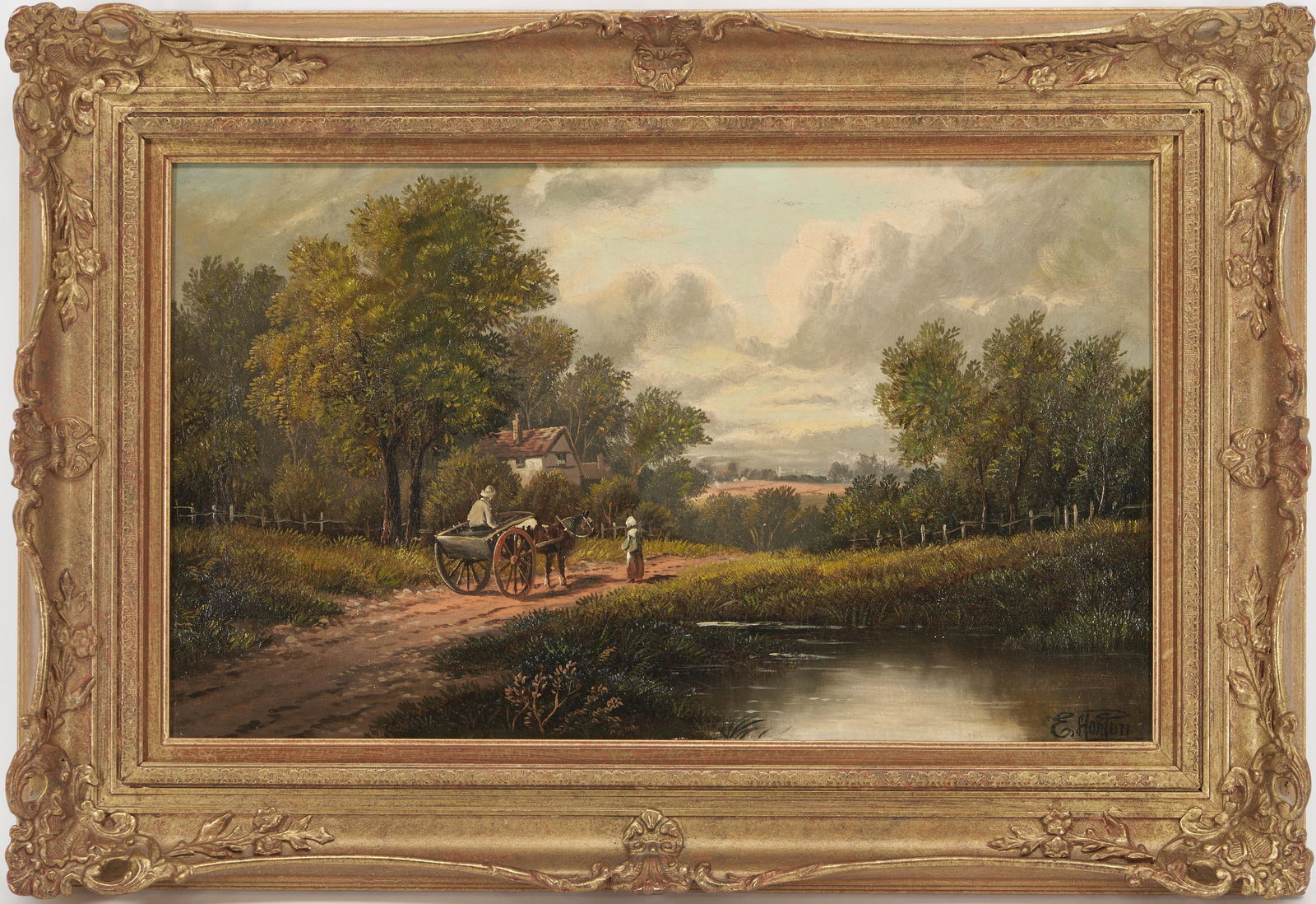 Etty Horton O/C Painting Landscape, Figures on a Country Road: Etty Horton (United Kingdom, fl. 1882-1905) oil on canvas landscape painting depicting a man in a horse and cart and a woman on a country road beside a pond, a small house visible in a group of trees