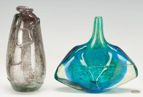 2 Studio Art Glass Vases, Dan Dailey & Michael Harris: 1st item: Dan Owen Dailey (America, b.1947) art glass vase, folded form in colors of clear and fushia. Signed and dated on the base "D. Dailey '98 or '99". 8 1/2" H. 2nd item: Mdina Maltese 'Fish' or