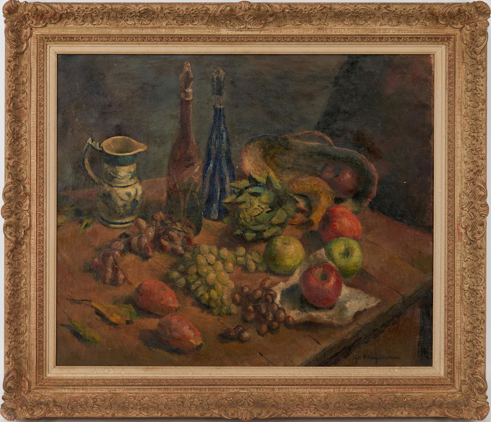 Josephine Kregarman O/C Still Life Painting: Josephine (Raphael) Kregarman (Texas/New York, 1910-1944) oil on canvas still life painting depicting fruits and vegetables with a basket, colored bottles, and a pitcher on a wooden table against a gr