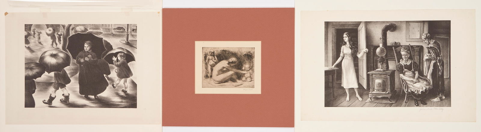 3 WPA era Prints: Kenneth Hayes Miller, John De Martelly, Alice Murphy: 1st item: Kenneth Hayes Miller (New York/California, 1876-1952) etching on paper study titled "Play" depicting a nude female with her two young children. Signed and dated "Hayes Miller 19" lower right