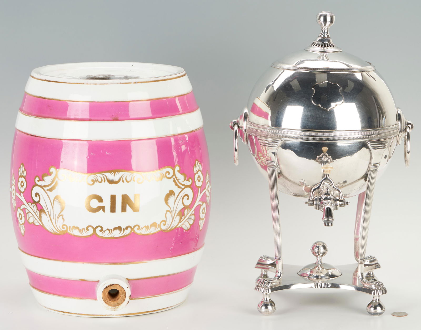 English Porcelain Gin Barrel & Silverplated Urn, 2 items (1 of 7)