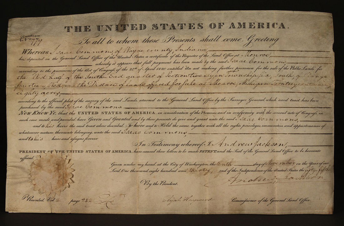 Andrew Jackson signed land grant, 1830: Land Grant, signed by Andrew Jackson as President. One vellum page, issued from the "City of Washington", Nov. 10, 1830, granting Isaac Commons of Wayne County, Indiana, eighty acres near Monroe, Mich