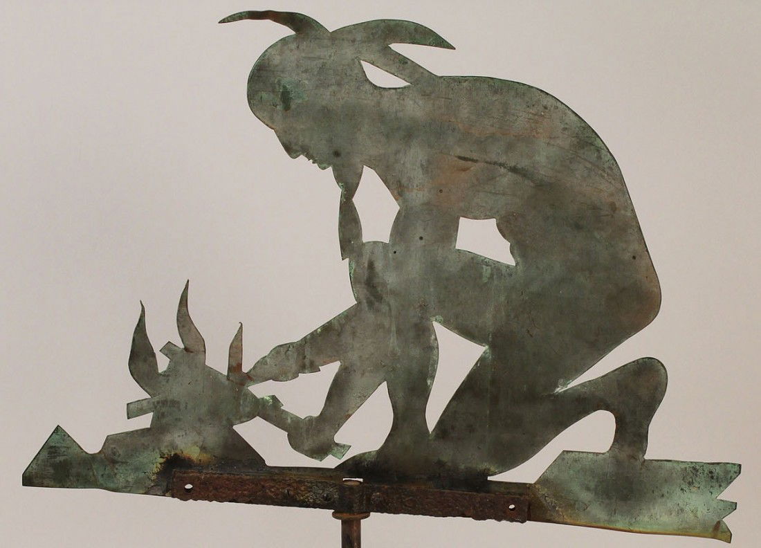 Weathervane, Native American tending fire: Sheet copper weathervane of Native American tending a fire. Original iron bracket, displayed on newer stand. 22 1/2" H x 18" W. Early 20th century. Provenance: estate of A. Welling LaGrone Jr., Nashvi