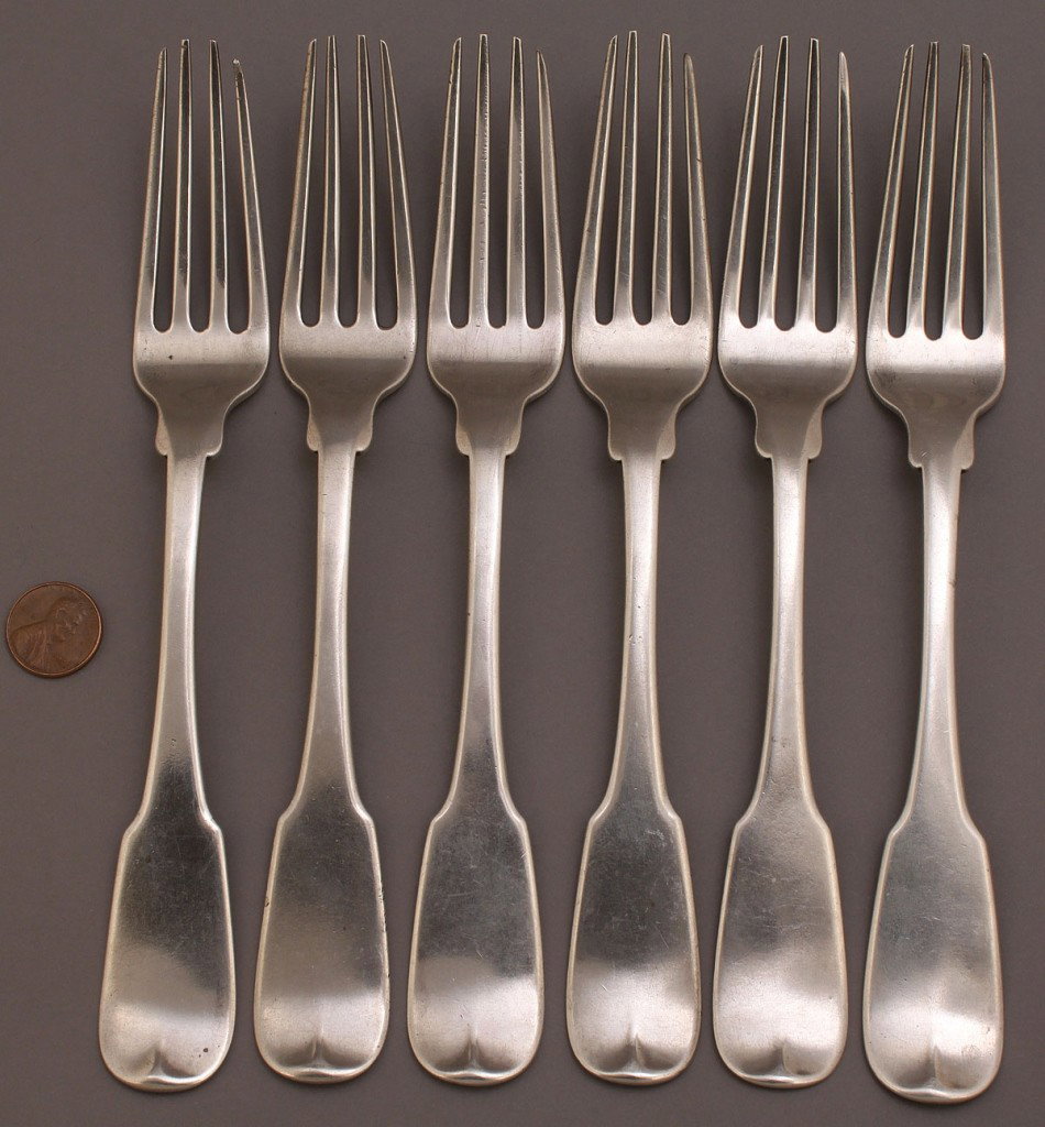 Six coin silver forks, J. Eyland, Charleston SC: Six 6 coin silver forks with fiddle handles, marked J. Eyland and Co. (Charleston, South Carolina, 1820-1827), monogrammed "B". 8" L, 12.6 oz troy.
