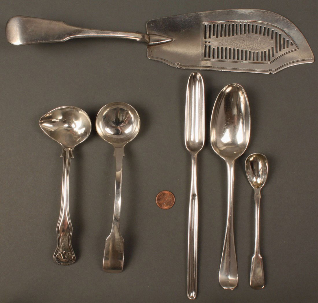Assembled Lot of English Silver, 6 pieces: Assembled Lot of English silver. 1ST ITEM: Hester Bateman sterling marrow spoon, 9" L. 2ND ITEM: Irish sterling sauce ladle with shell and double swell handle, 6-1/4" L, mid-19th c. 3RD ITEM: Sterling