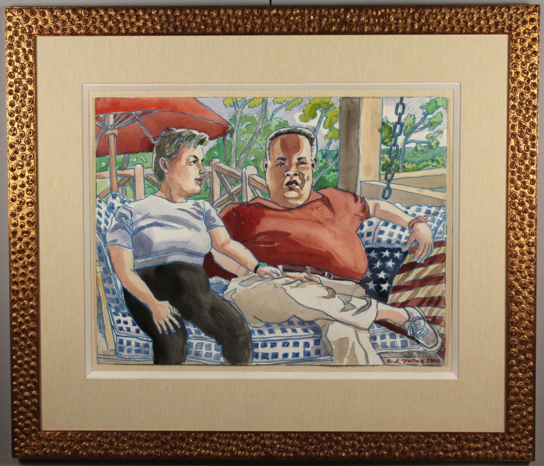 Red Grooms, Portrait of Welling LaGrone: Red Grooms (Tennessee/New York, b. 1937), watercolor painting, portrait of A. Welling LaGrone Jr. and his ex-wife, Elizabeth Crook. Signed lower right, "Red Grooms 2000". Sight- 19" H x 25" W, Framed-