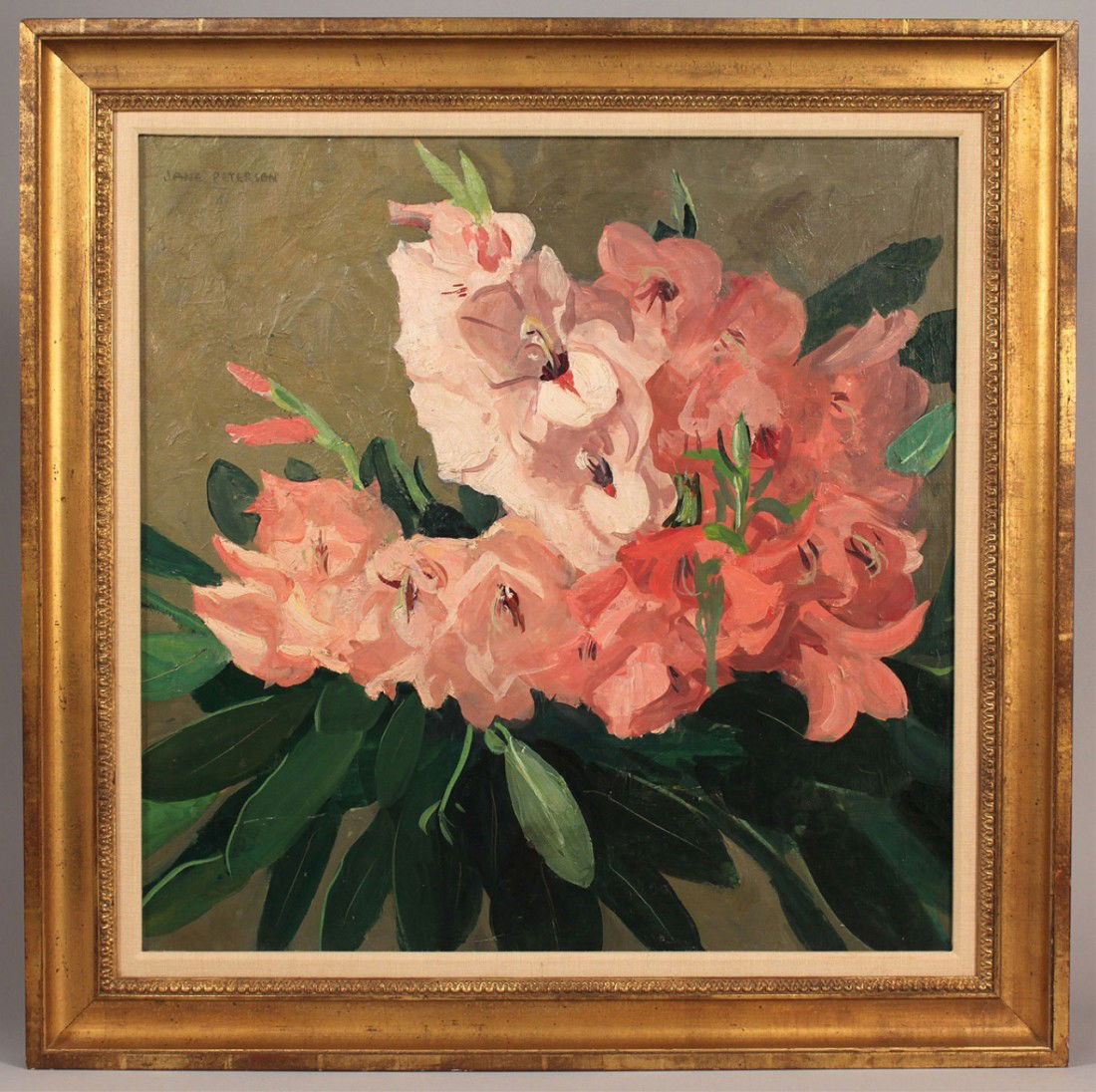 Jane Peterson oil on canvas, Gladiolus: Jane Peterson (American, 1876-1965) oil on canvas painting of pink gladiolus, in a contemporary molded giltwood frame. Sight - 23 3/8" square. Framed - 29 3/4" square. 20th century. Provenance: Estate