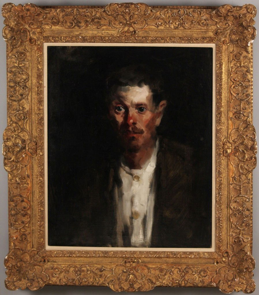 Randall Davey oil on canvas, Portrait of a Man: Randall Vernon Davey (American, 1887-1964), oil on canvas painting. Post-Impressionist portrait of a man with moustache in white shirt and jacket, signed lower right Randall V. Davey and on back, Rand
