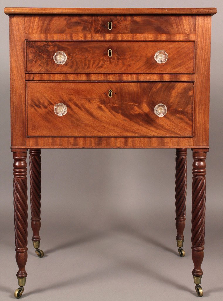 Mid-Atlantic Lift Top Sewing Table: Mid-Atlantic, probably Philadelphia, lift top sewing table, mahogany veneer over poplar secondary. Lift top opens to reveal red wash divided interior, over two cock beaded, dovetailed drawers with gla
