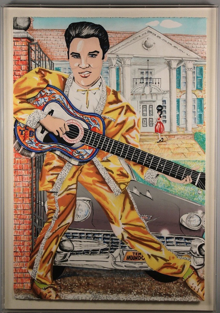 Red Grooms lithograph, Elvis at Graceland: Red Grooms (American/Tennessee, b. 1937) lithograph of Elvis at Graceland, signed lower right and numbered lower left 53/75. Knestrick catalog #115. Mounted on linen and cased in clear acrylic / plexi