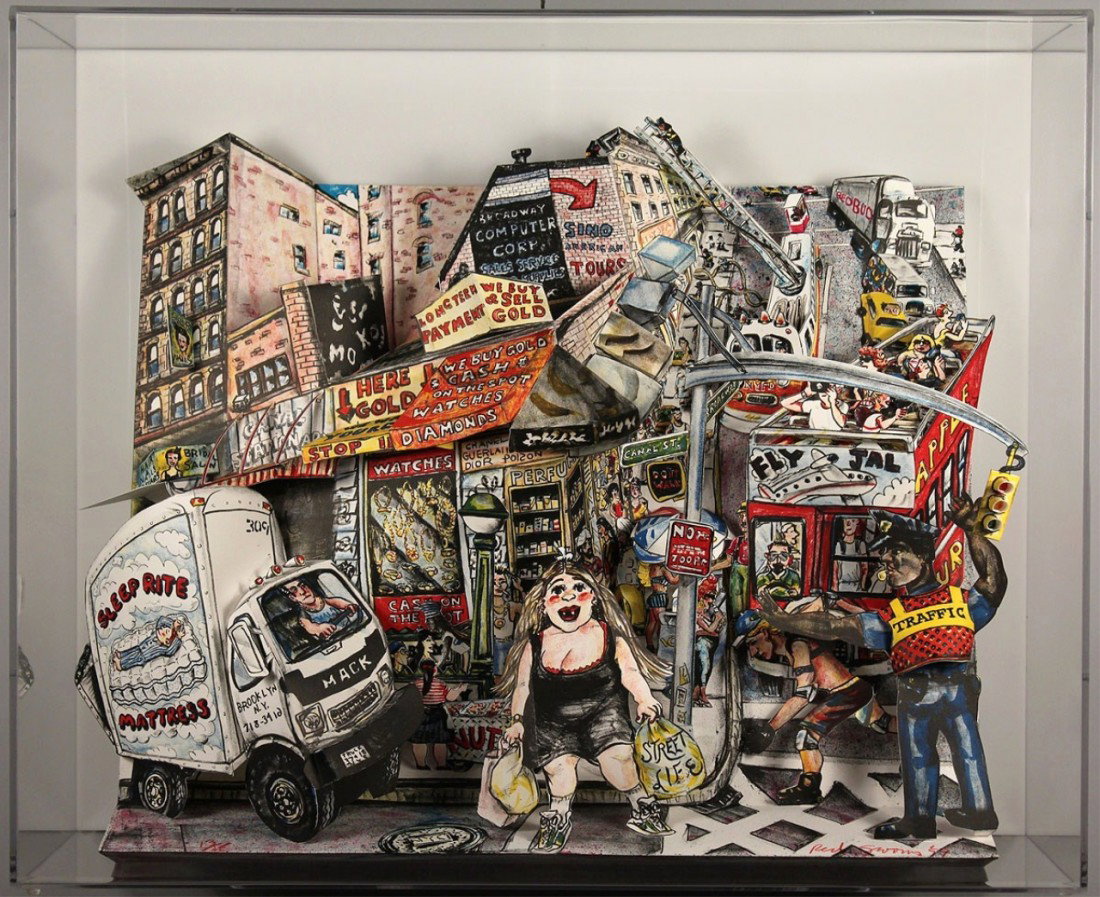 Red Grooms 3-D sculpture, Street Scene: Red Grooms (Tennessee/New York, b. 1937), lithographed paper 3-D sculpture of New York street scene, signed lower right in red marker and numbered 13/75. Cased in clear acrylic/plexiglass. 21" x 24" (