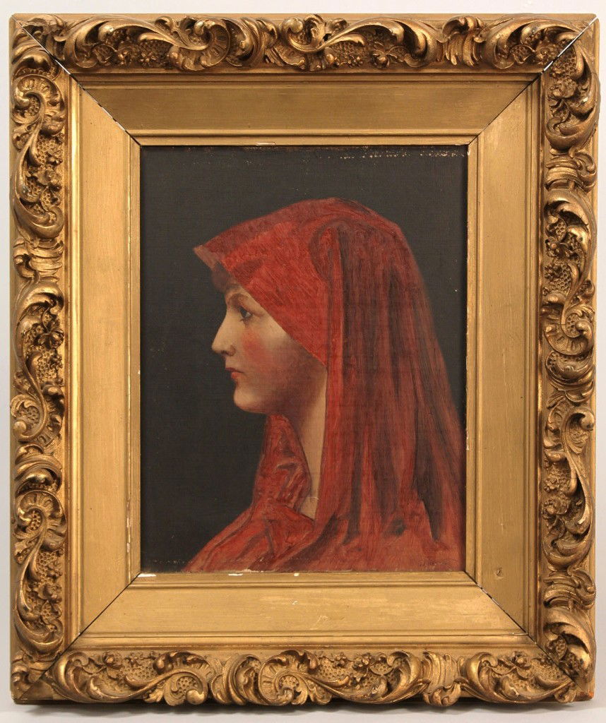 Manner of J. J. Henner, oil on canvas, Lady in Re: Manner of Jean-Jacques Henner (French, 1829-1905) , "Woman in Red". Portrait of woman in profile, facing left, in red head scarf, with faint signature, J.J. Henner, lower right. Framer's label en vers