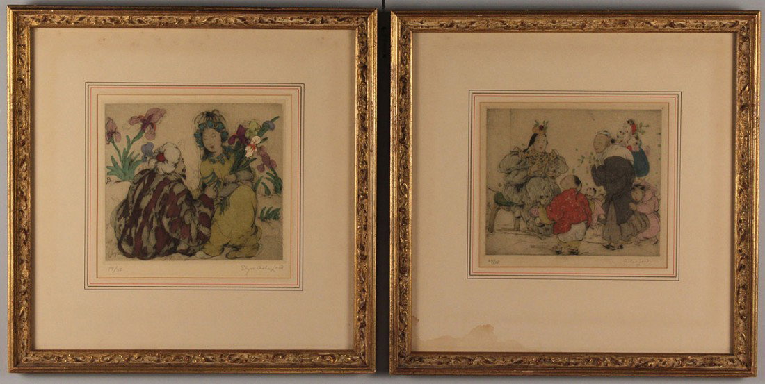 Two Elyse Ashe Lord Etchings, Oriental: Elyse Ashe Lord (British, 1900-1971), lot of 2 etchings with drypoint and stencil color on paper. 1ST ITEM: "Advice", depicting a seated Asian man and woman in conversation with irises. Pencil numbere