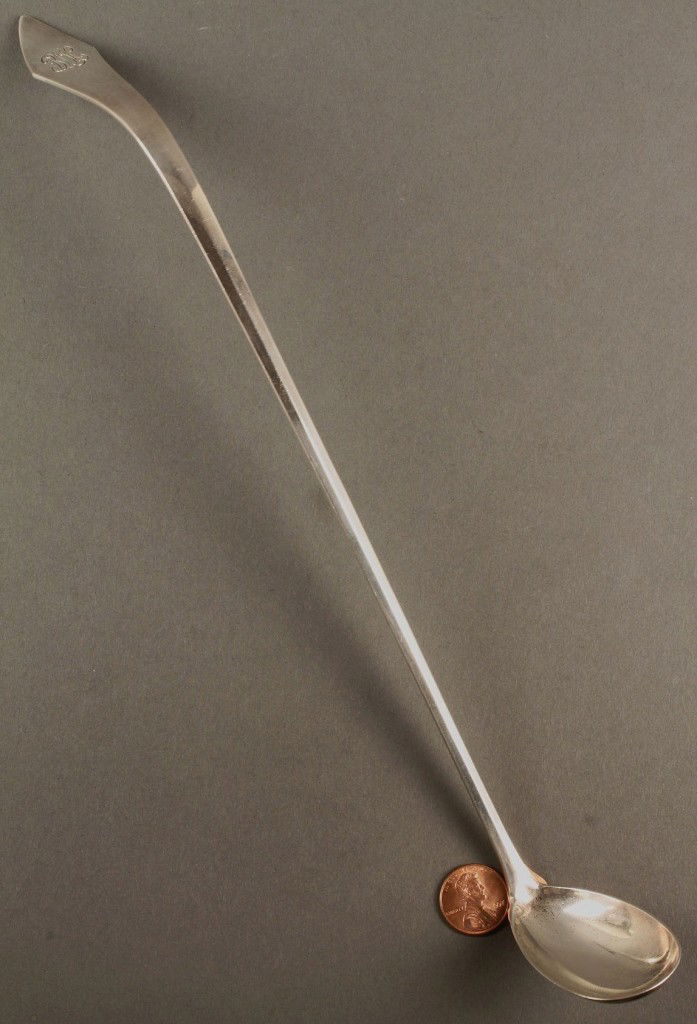 Sterling Silver Hot Chocolate Muddler: Rare sterling silver hot chocolate spoon or muddler, monogrammed "BHL". Marked for William B. Durgin on back (later absorbed by Gorham) and retailed by Shreve, Crump and Lowe. 12 1/2" L. 1.915 oz troy