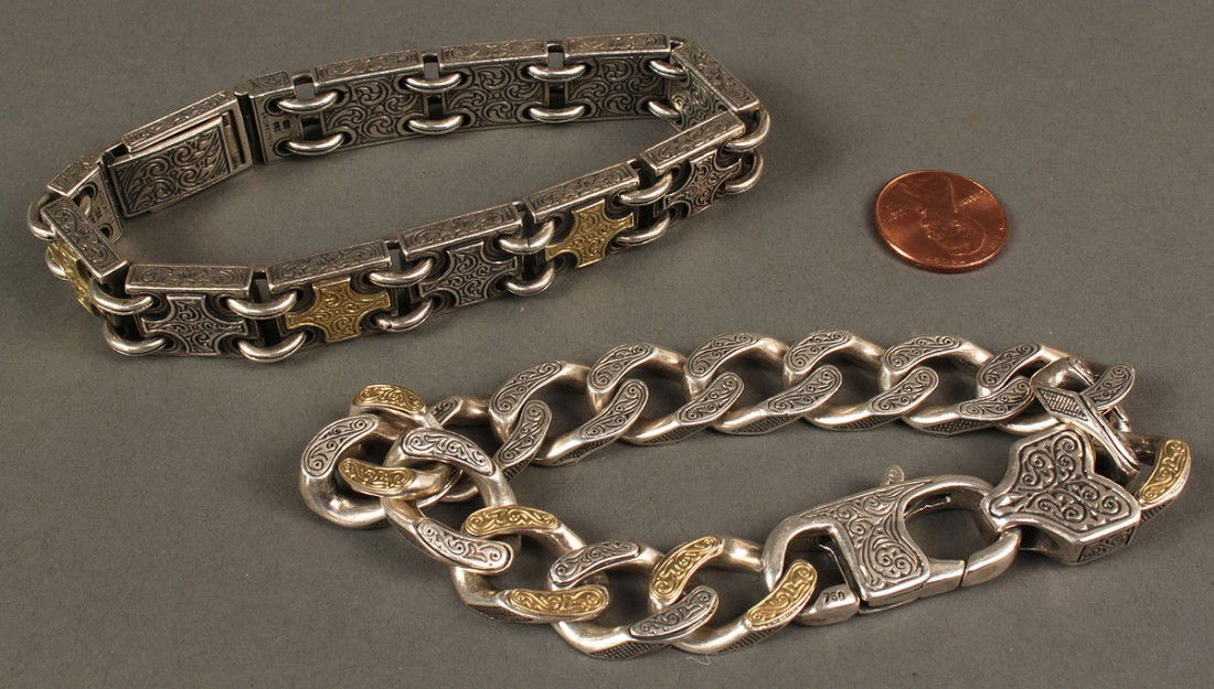 2 Men's Sterling & 18K Gold Konstantino Bracelets: 2 men's Konstantino sterling silver and 18K yellow gold link bracelets. 1ST ITEM: One 18K yellow gold and sterling silver Classic collection square link bracelet. Maker's mark, 750 and 925 marks on cl