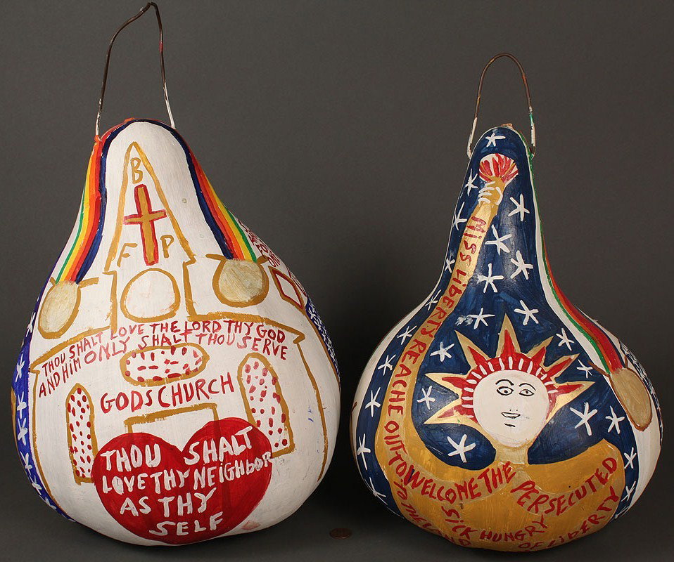 Pair of B. F. Perkins patriotic gourds: A Pair of patriotic-themed "Lady Liberty" gourds painted by B. F. Perkins (Alabama, 1904-1993). 1ST ITEM: "Lady Liberty" gourd inscribed "Miss Liberty Reache out to welcome the Persecuted, sick, hungr
